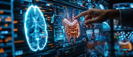 Scientist manipulating a digital hologram of the intestines, futuristic, blue neon lighting, advanced medical tools 8K , high-resolution, ultra HD,up32K HD