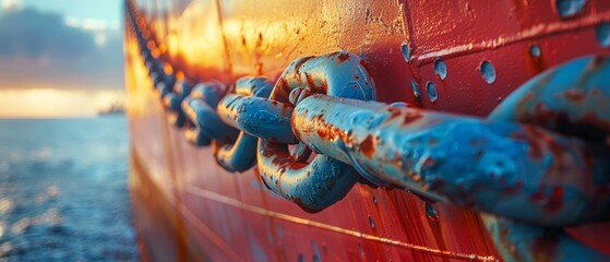 Close-up of a rusty ship chain with sunset background, showcasing nautical elements and marine details.