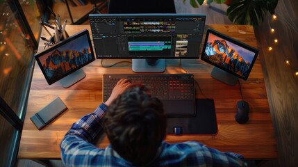 High-angle view of a video editor working on a timeline in professional editing software, arranging clips and adding effects for a polished final product