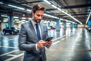 Modern businessman using smartphone in underground parking lot, showcasing busy lifestyle and focus on technology in urban setting, businessman, smartphone, underground parking lot