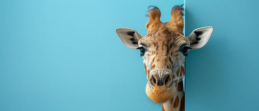 Curious giraffe peeking from behind a blue wall, playful and fun animal photo in vivid color for unique and creative stock imagery.
