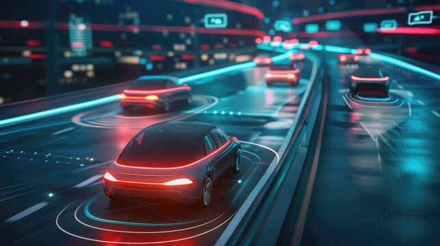 Illustration of futuristic cars equipped with smart technology navigating seamlessly on a digital highway, showcasing the future of transportation