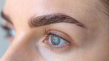 Obraz premium Macro shot of a woman's eyebrows after microblading procedure, displaying fine hair strokes for a natural and fuller look
