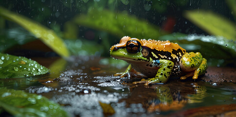 wildlife of frogs perched on rocks and trees in the forest