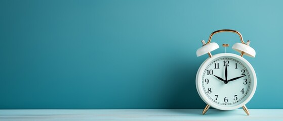 Vintage alarm clock with a teal background, representing time, deadlines, and punctuality. Perfect for concepts involving productivity and schedules.