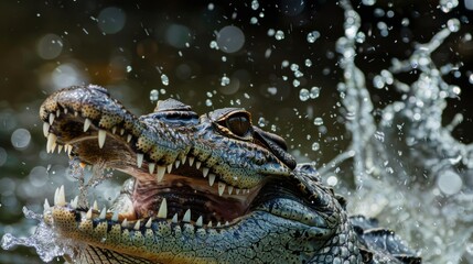Obraz premium crocodile with water splashing on its face and its mouth open generative ai