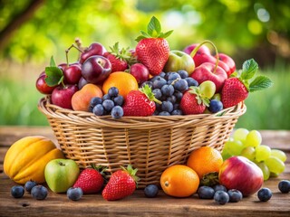 Organic summer natural fruit basket with a variety of fresh, colorful fruits , organic, summer, natural, fruit basket, fresh, colorful, healthy, organic food, seasonal, ripe, delicious