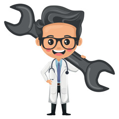 Cartoon doctor carrying a wrench symbolizing the ability of the health professional to solve health problems with a practical and technical approach. Research, science and technology in health