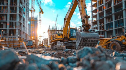 Heavy machinery and crane operating at urban construction development