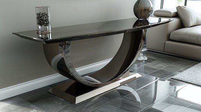 A sleek, modern console table behind the sofa, used to display a few decorative items and keep the space organized. shiny, Minimal and Simple,
