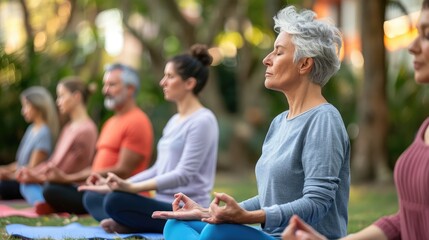Middle-aged women and men in a yoga class, seated on mats in a park, focusing on mindful breathing exercises