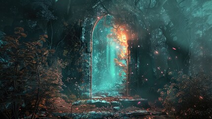 Mystical scene with an ancient door opening from darkness into a fantastical, brightly lit world