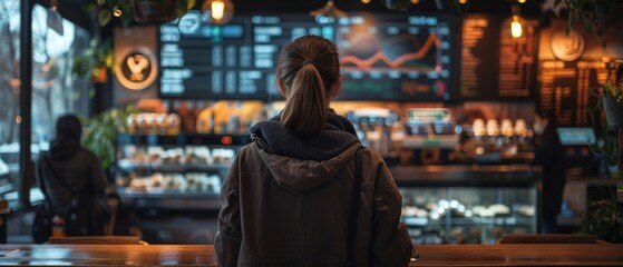 Obraz premium Woman standing in cozy coffee shop, browsing menu board with pastries and drinks on display, warm lighting and modern interior design.