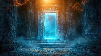 Mystical scene with an ancient door opening from darkness into a fantastical, brightly lit world
