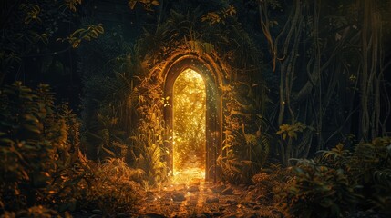 Fototapeta premium Mystical scene with an ancient door opening from darkness into a fantastical, brightly lit world