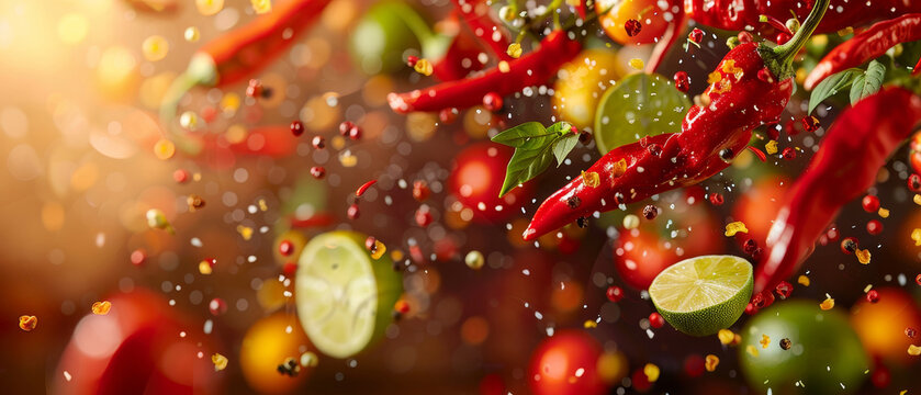 Vibrant explosion of spices with red chili peppers, limes, and colorful peppercorns floating in the air, capturing the essence of spicy cuisine.