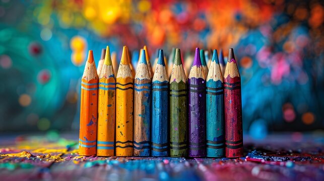 Colorful art supplies like crayons, markers, and paint brushes spread out on a desk, with vibrant paint splashes in the background, clear copy space at the bottom for text about school arts programs