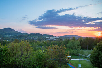 Sunset in the Beskids seen from the terrace of the Diament Hotel in Ustroń, Beskidy