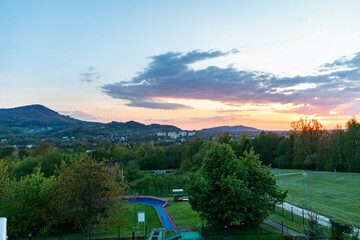 Sunset in the Beskids seen from the terrace of the Diament Hotel in Ustroń, Beskidy
