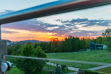 Sunset in the Beskids seen from the terrace of the Diament Hotel in Ustroń, Beskidy