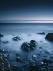 Photorealistic poster, view of calm dark sea, rocks going into the water, beautiful calm, concept of silence, tranquility and relaxation