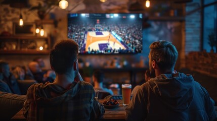 Back view of men and friends sitting at table with beer and snacks watching online basketball game on TV at home.