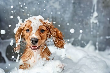 Happy and playful cute dog playing in a foam bath with foam on his face, photography style