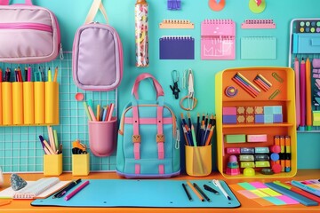 A tidy desk with a school bag, an open geometry box, and a rainbow of colorful stationery items.