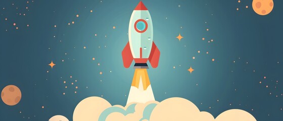 Flat design cartoon icon of a rocket ship launching, symbolizing a successful startup takeoff, speed, growth, dynamic and colorful,