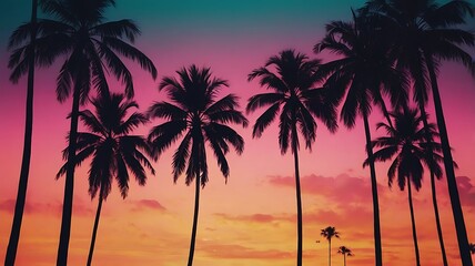 Obraz premium Palm trees silhouette against the vivid neon hues, tropical background in the neon glow of sunset or dawn