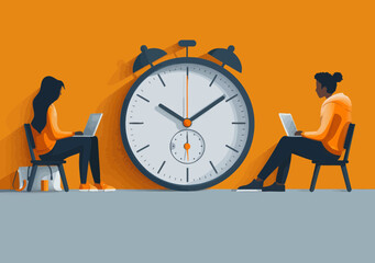 Customer Support Team Working Online 24/7, Technical Assistance, Vector Illustration of Operators Providing Nonstop Service, Round-the-Clock Support Concept, Minimalistic Design with Clock and Laptops