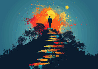 Obraz premium Silhouette of Businessperson Walking Up Vibrant Stairway at Sunrise Symbolizing Path to Success and Achievement, Inspirational Motivational Minimalistic Vector Art
