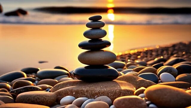 A balance stack of zen stones on beach during an emotional and peaceful sunset, golden hour on the beach