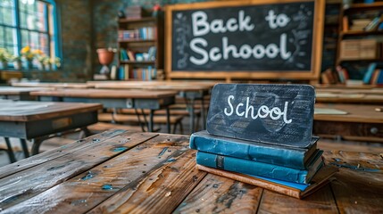 Fototapeta premium Traditional classroom scene with rows of wooden desks, a large chalkboard at the front with 