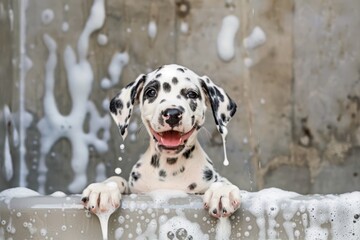 Happy and playful cute dog playing in a foam bath with foam on his face, photography style