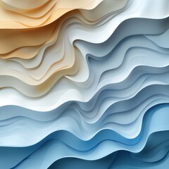 Paper-cut waves in light blue, cream and white collaborate compositions. The design features layered shapes that resemble the soft contours of sand dunes