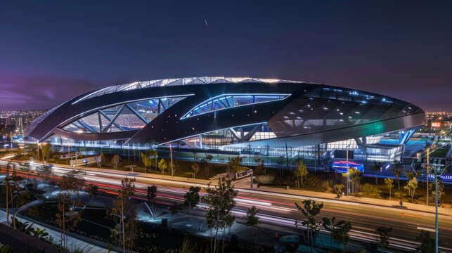 The SoFi Stadium illuminated at night, with its modern design and vibrant atmosphere, set in the heart of Los Angeles, showcasing architectural innovation. 