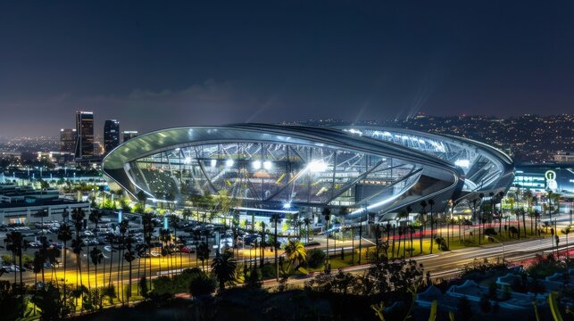 The SoFi Stadium illuminated at night, with its modern design and vibrant atmosphere, set in the heart of Los Angeles, showcasing architectural innovation.