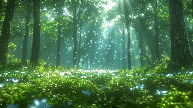 An ethereal forest clearing, where rays of sunlight illuminate floating particles, creating a dreamlike fusion of the tangible and the atomic. shiny, Minimal and Simple,