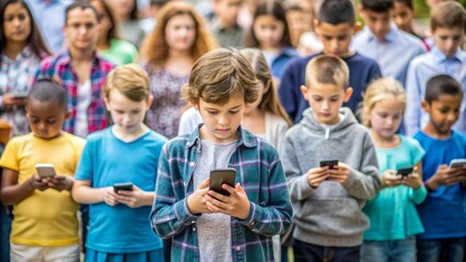 Boy standing in a crowd of children looking at mobile phones, highlighting gadget addiction, smartphone, children, addiction, technology, crowd, youth, digital, screen time, dependency