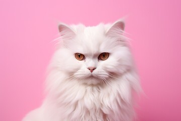 Portrait of a funny cymric cat isolated in solid pastel color wall