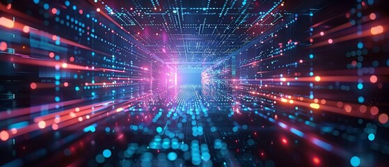 Fototapeta premium Futuristic digital tunnel with glowing neon lights, representing data flow and high-speed internet connectivity