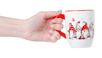 Christmas cup mug in hand on white background isolation