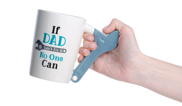 Dads cup mug with adjustable wrench in hand on white background isolation
