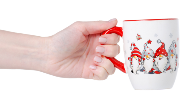 Christmas cup mug in hand on white background isolation
