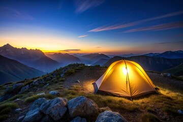 Glowing light in tent in mountain range at night, with mountains in background, night, tent, glowing, light, mountains, mountain range, camping, adventure, wilderness, nature, landscape, stars