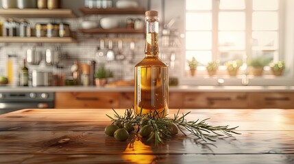 Olive oil in a glass bottle and green olives with rosemary on a wooden table, in a rustic style kitchen background with copy space for text