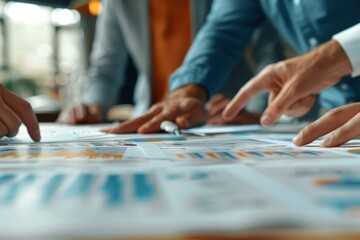 Obraz premium A group of people are looking at a table with a lot of graphs and charts