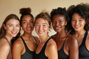 Group of women of different race and size portrait smiling to camera. Multi-ethnic female in sportswear on beige background.