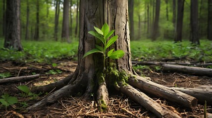 Fototapeta premium Young tree emerging from an old tree stump, symbolizing renewal and growth.